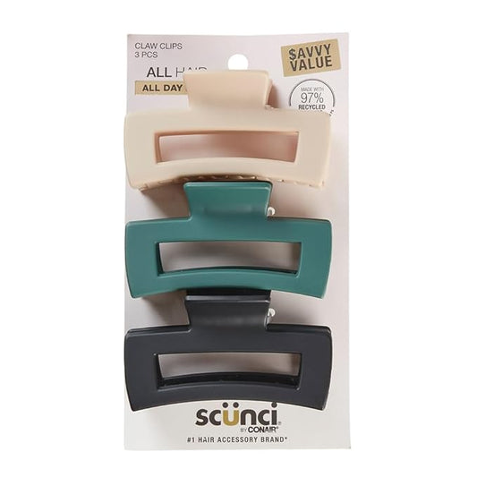 Scunci by Conair Hair 3-inch claw clips - hair accessories for women - Ideal for all hair types - trendy hair accessories - Beige, Black, Green -3 Count