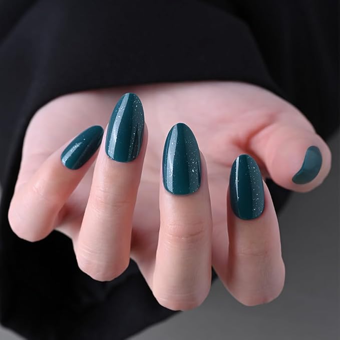 evpct Press on Nails Almond Short, Dark Cyan Green Glitter Shimmer Shiny Short Almond Fake Nails for Women Gift, Soft Gel Press Glue On Nails with Nail Glue, 30Pcs Reusable Acrylic Nail Manicure Kit