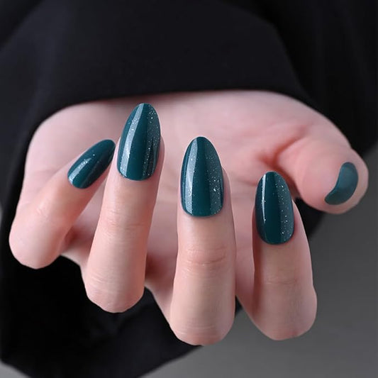 evpct Press on Nails Almond Short, Dark Cyan Green Glitter Shimmer Shiny Short Almond Fake Nails for Women Gift, Soft Gel Press Glue On Nails with Nail Glue, 30Pcs Reusable Acrylic Nail Manicure Kit