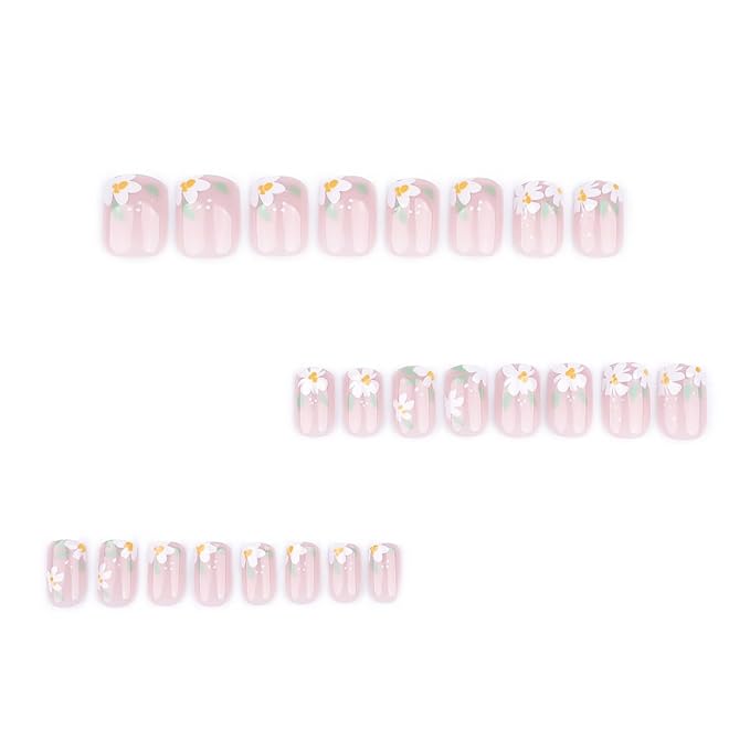 24Pcs Square Flower Fake Nails, Glossy, Full Cover, Acrylic, Press-On False Nails, White, Spring Design, DIY Manicure