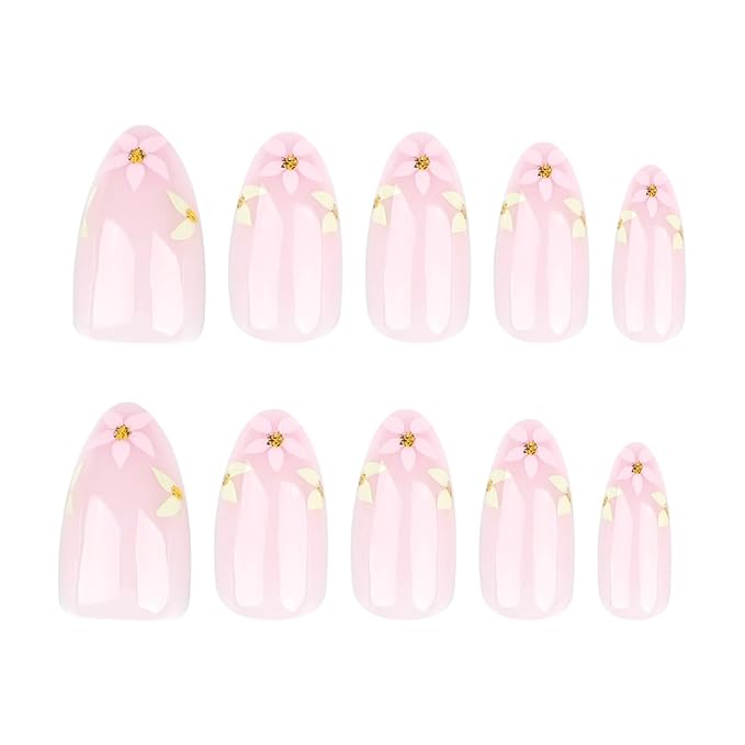 Spring Press-On Nails, Light Pink Fake Nails, Almond Shape Flower Artificial Nails with Gold Accents Designs, Medium Length Glue on Nails, Cute Stick on Nails for Women Girls, 24 Pcs