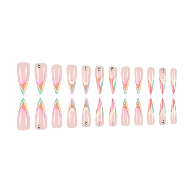 Colorful French Tip Press on Nails Long Fake Nails Stiletto False Nails Press ons Rhinestone Design Glossy Acrylic Artificial Nails for Women 24 Pcs