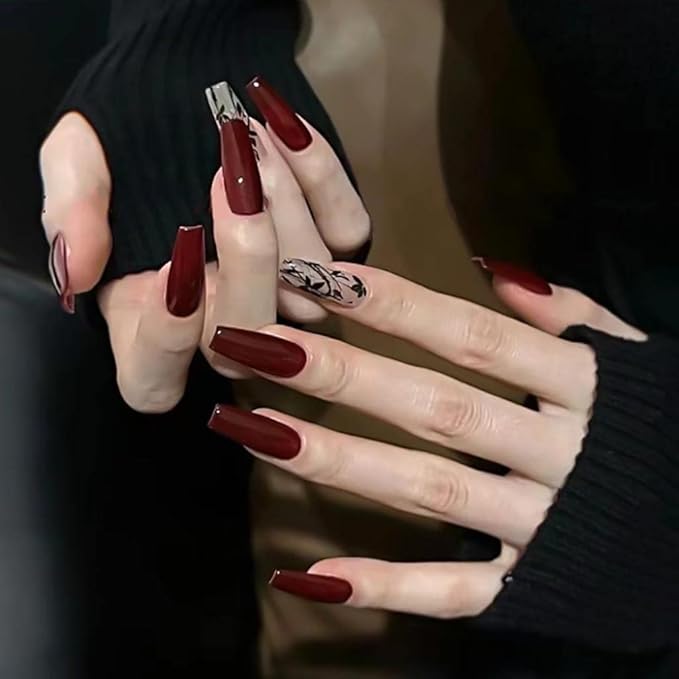 RikView Long Press Acrylic Nails - Red Coffin Fake Nails with Fall Design, Full Cover, 24 PCS/Set