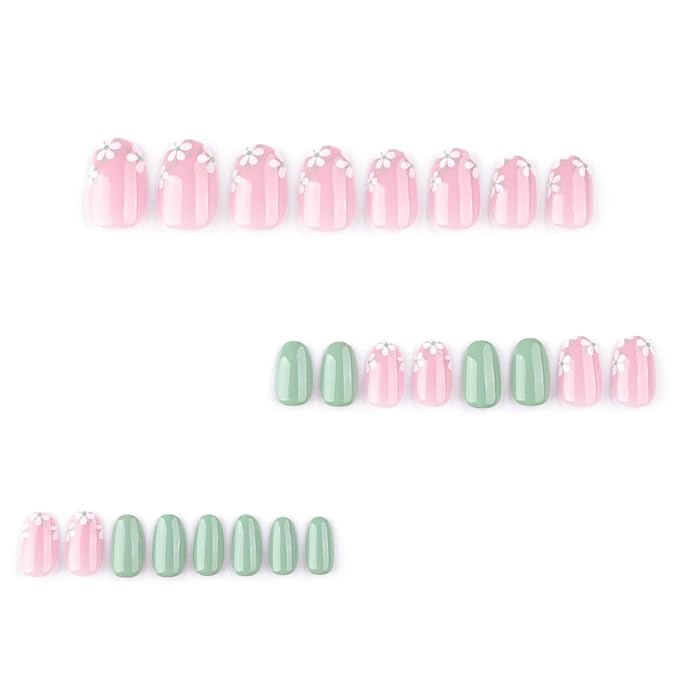 Short Oval Press On Nails green Pink False Nails with Flowe Finish Fashion Glossy Acrylic Press ons Nail Gel Stick On Nails Set Glue on Nails for Women & Girls, 24Pcs