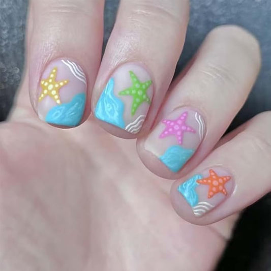 Summer Press On Nails Square Fake Nails Sea With Starfish Design Short False Nails Artificial Acrylic Nails Full Cover Glue On Nails Glossy Stick On Nails For Women Holiday Manicure 24pcs