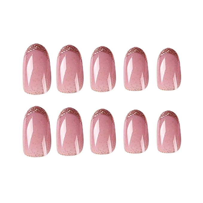 RikView French Tip Pink Press on Nails Medium Fake Nails Almond Acrylic Nails for Women 24 PCs/Set