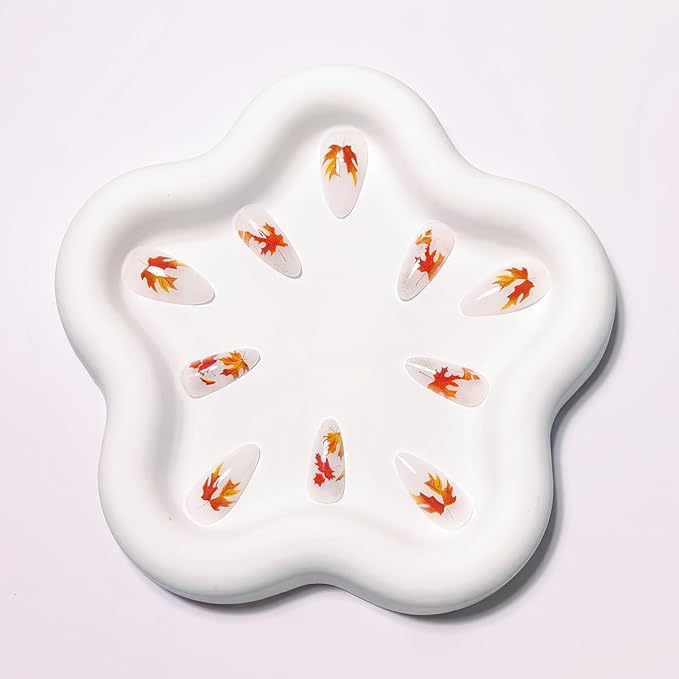 24Pcs Fall Press on Nails Almond Medium Fall Fake Nails Maple Leaves Full Cover Designs Autumn Glue on Nails Thanksgiving Acrylic Nails Glossy Reusable Artificial Stick on Nails Decoration for Women