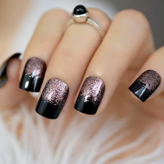 Black Light Coffee Brown Glitter French Press on False Nail Medium Short Square Shimmer Fake Nails Tips Salon Manicure Reusable DIY Fake Artificial Nails Art for Women Girls