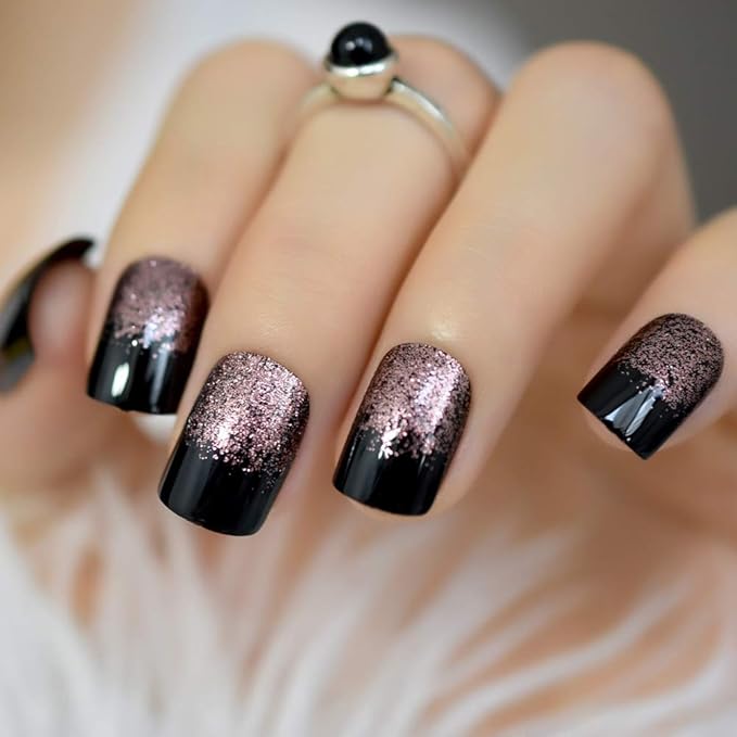 Black Light Coffee Brown Glitter French Press on False Nail Medium Short Square Shimmer Fake Nails Tips Salon Manicure Reusable DIY Fake Artificial Nails Art for Women Girls