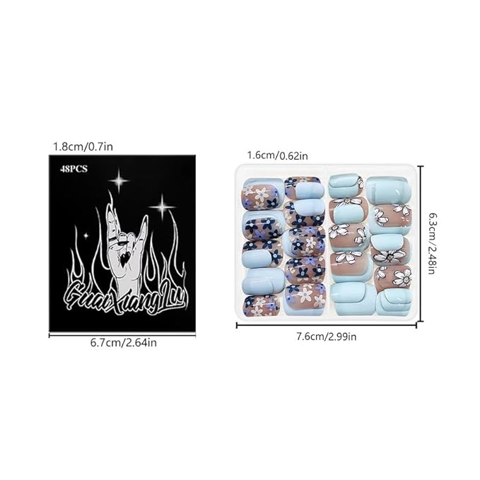 2 Packs 48Pcs Spring Flowers Press on Nails Short Square Fake Nails Blue Floral False Nails Squoval Artificial Acrylic Nails with Design Glossy Nails Press ons for Women Manicure Art Decoration Set