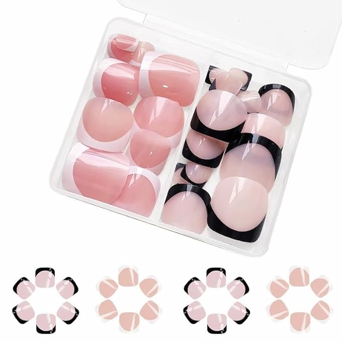 2 Packs 48Pcs French Tip Press on Toenails Short Square Fake Toe Nails Black White Nail Tip Acrylic Toenails Glossy False Nails Reusable Artificial Acrylic Nails for Women Girls Nails Decoration Kit