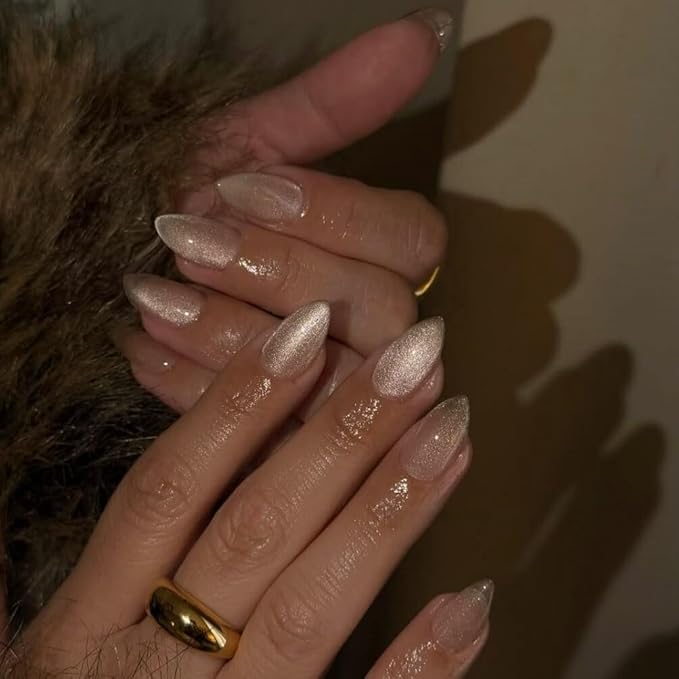 KQueenest Press On Nails Short - Light Nude Press On Nails Almond Shape, Natural Glitter Cat Eye Fake Nails with Nail Glue, Reusable Cute Bright Gel Glue On Nails with Color-Shifting Glow, 30 Pcs