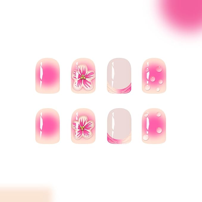 24Pcs Short Square Press on Nails Pink Gradient French Tip Fake Nails with 3D Flower Water Ripple Design Glue on Nails Glossy Acrylic Nails Summer Full Cover Stick on Nails for Women Girls Daily Wear