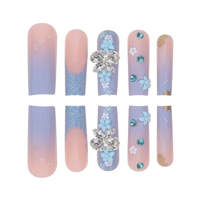 RikView Square Press on Nails Long Fake Nails with 3D Butterflies Design Blue Nails Glossy Stick on Nails Full Cover Nails for Women 24 PCS