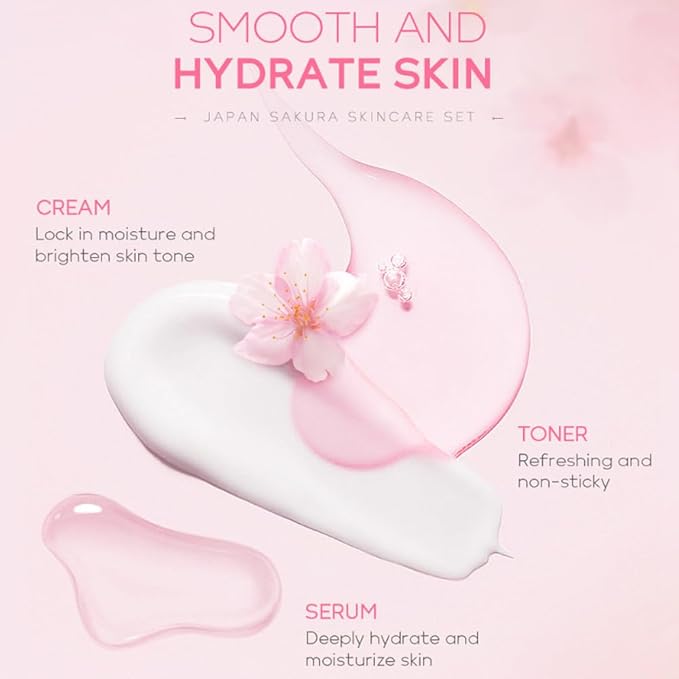 Sakura Skincare Kit for Teenage Girls Women, 5Pcs Skin Care Travel Present Set with Cleanser, Toner, Serum, Eye Cream, Face Cream