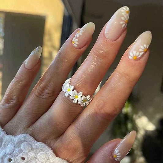 RikView White Almond Press on Nails Medium Fake Nails Nude Stick on Nails Embossed Nails with Daisy Design