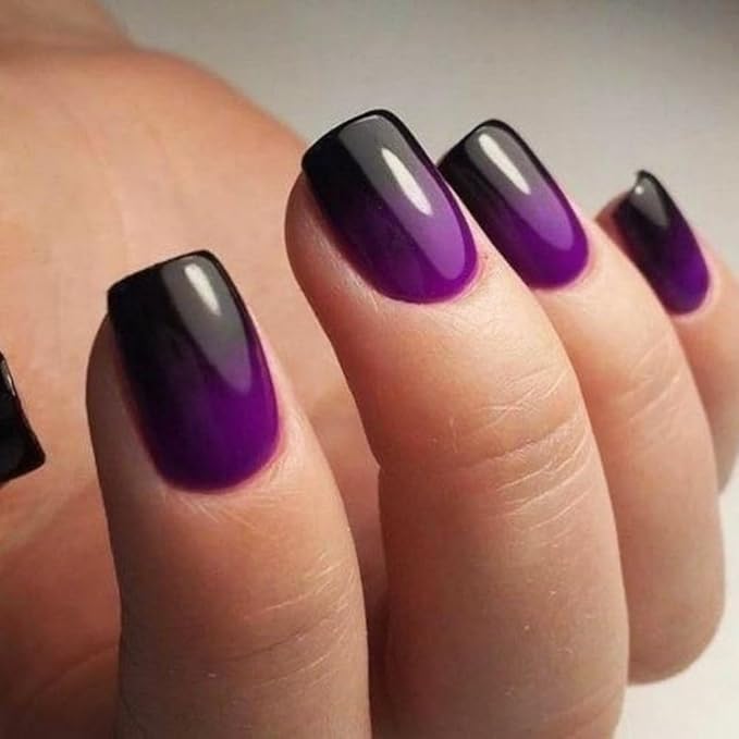 KQueenest Ombre French Press on Nails Short Square, Dark Purple Black Fake Nails Short Coffin, Gradient Color Acrylic Nails Press Ons, Soft Gel Glue on Nails for Women Decoration in 30 Pcs