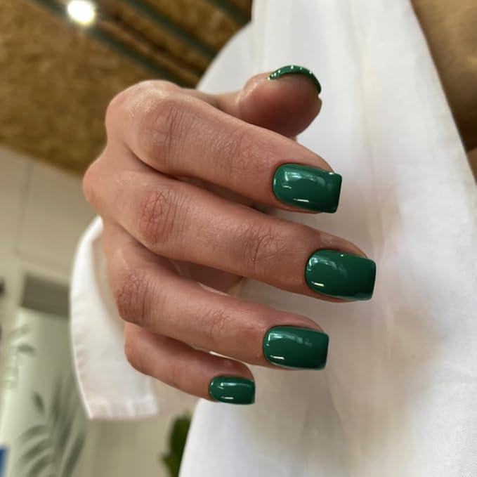 48Pcs Dark Green Press on Nails Short Square Fake Nails, Spring Glue on Gel Nails Press ons, Acrylic Nails Stick on False Nails for Women Extra Short Nails Small Petite