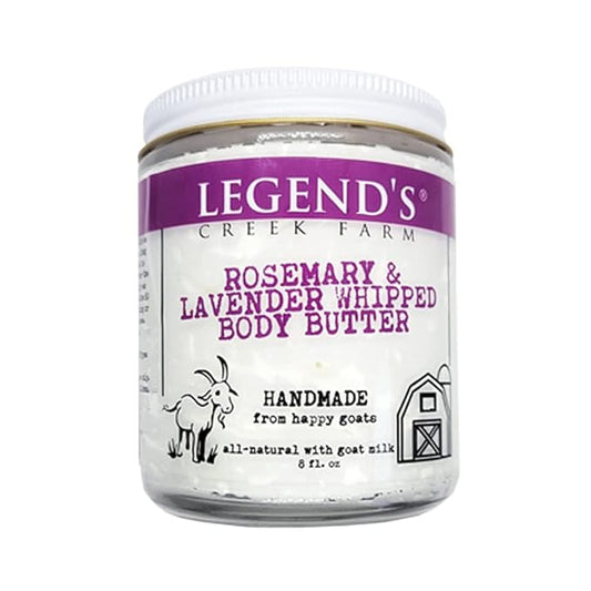 Legend's Creek Farm, Goat Milk Body Butter - Hydrating Natural Body Moisturizer with Organic Shea Butter & Grape Seed Oil - 8 Oz Purifying & Toning Whipped Body Butter (Rosemary & Lavender)