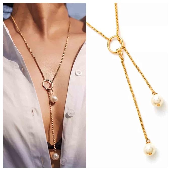Boho Pearl Lariat Necklace Gold Chunky Chain Y Necklace Pearl Tassel Necklace Long Necklaces for Women and Girls Prom Bridal Necklace Jewelry