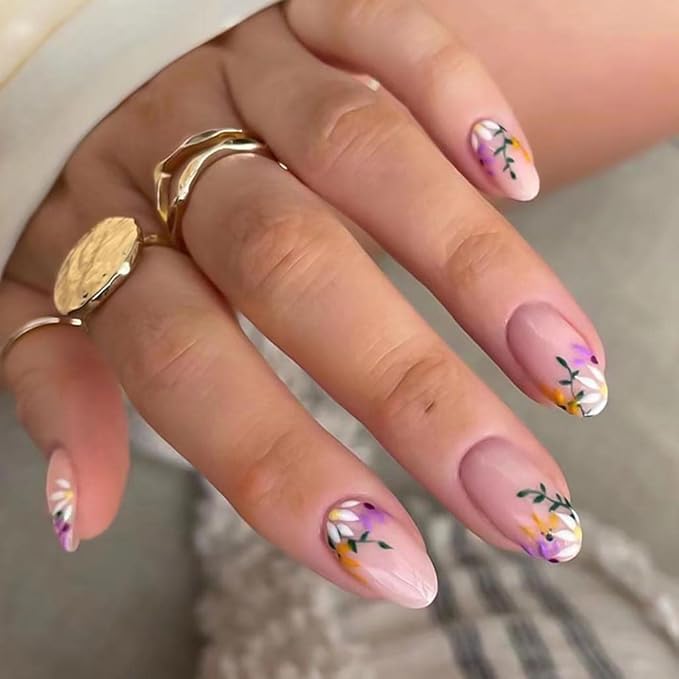 RikView French Tip Press on Nails Medium Acrylic Nails with Flowers Design Almond Fake Nails Nude Nails for Women