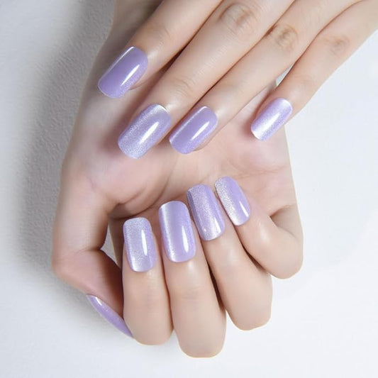 Orchid Purple Cat Eye Press on Nails Medium Square, Medium Square Press Glue on Nails Chrome for Women Gift, Orchid Holographic Glitter Glossy Reusable Gel Acrylic Fake Nail with Designs Cateye Effect