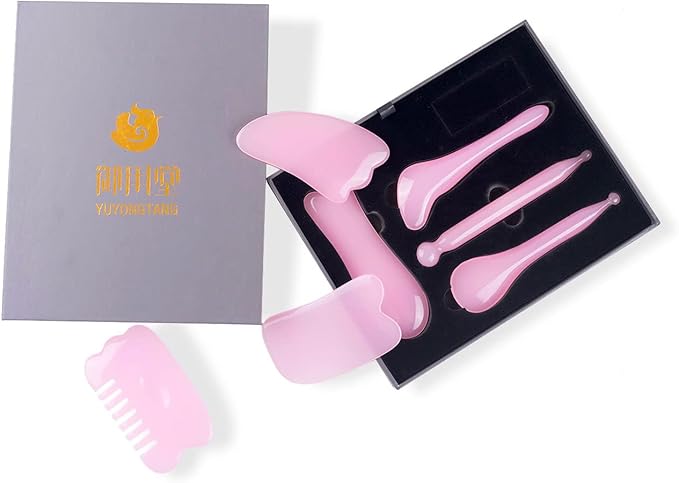 7 Pieces Gua Sha Scraping Massage Tool,Natural Resin GuaSha Tool Massage Tools Set for Face Back and Neck Release,Reduce Muscle Pain,with Storage Bag (Pink)