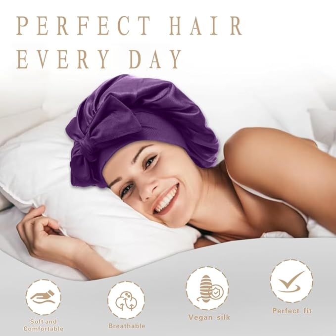 Silk Bonnet for Sleeping Women, Ajustable Hair Bonnet for Curly Hair with Tie Band Shower Caps Lilac，Large