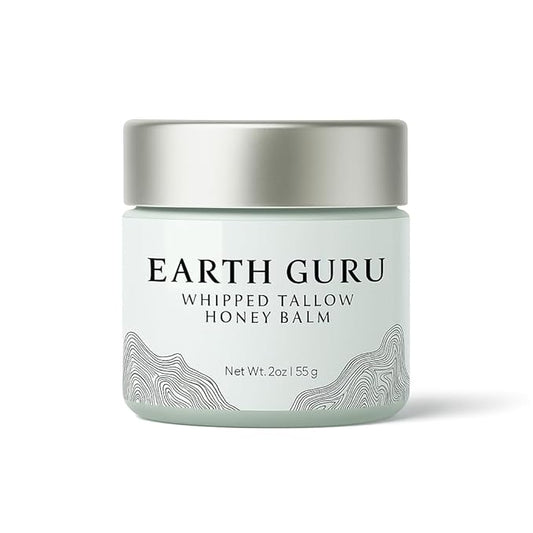 Earth Guru Whipped Beef Tallow for Skin 2oz, 100% Natural Beef Tallow and Honey Balm, Face Moisturizer & Body Lotion Cream, Grass-Fed & Finished, Sebo De Res Para La Cara, Organic Olive Oil, Manuka