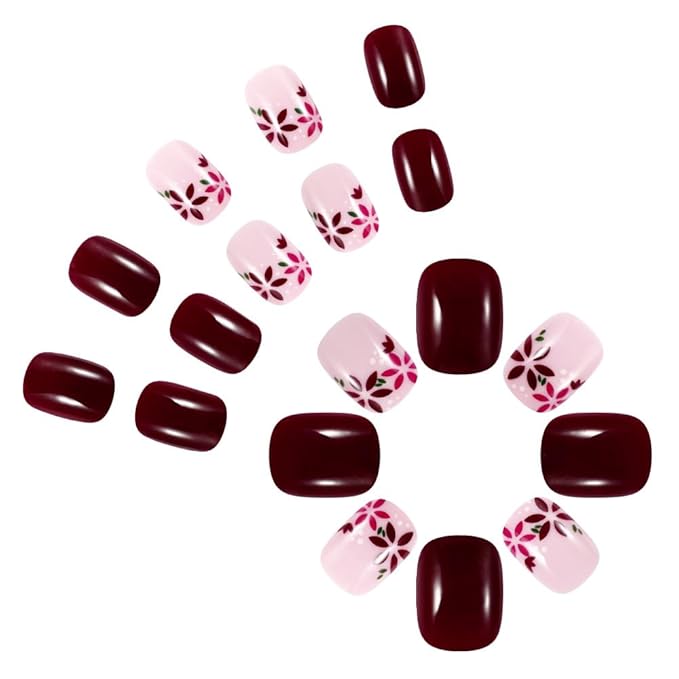 Short Press on Nails Spring Flower Fake Nails Square Shape Full Cover False Nails with Floral Designs Cute Glue on Nails Reusable Stick on Nails Summer Artificial Nails for Women Girls 24Pcs