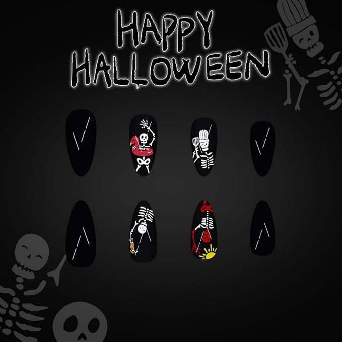 48Pcs Halloween Press on Nails Medium Almond Fake Nails Cute Ghost Skull False Nails wuth Designs Pumpkin Spider Webs Skeleton Glue on Nail Glossy Purple Glitter Acrylic Nail for Women Girls