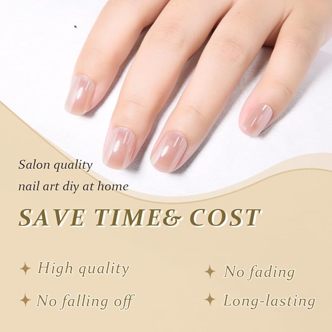 evpct Nude Glazed Press on Nails Short Square for Women Girls Gift, Chrome Glazed Nude Fake Nails Reusable with Soft Gel, Glossy Glitter Stick Glue on False Nail Kit Salon Quality DIY at Home, 01
