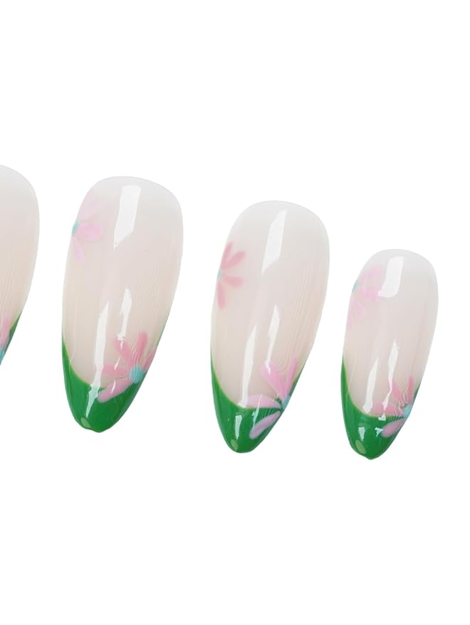 Green French Tip Floral Press On Nails - Handmade Medium Almond Nude Base Salon Quality- Reusable Gel Acrylic Full Set 10pcs - (Blooming Series, Size M)