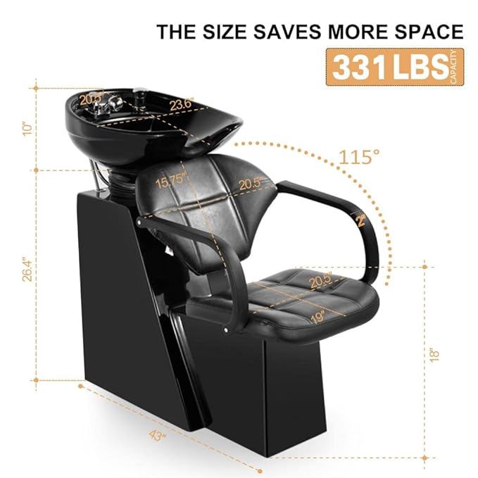 Artist hand Shampoo Bowl Backwash Barber Chair Adjustable Ceramic Bowl Sink W/Rubber Headrest for Salon Beauty Spa Equipment (Black)