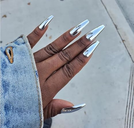 Super Long Shiny Punk Style Silver Coffin Ballerina Press on False Nails Metallic Acrylic Nails Reflective Mirror Nail Art Tips for party show