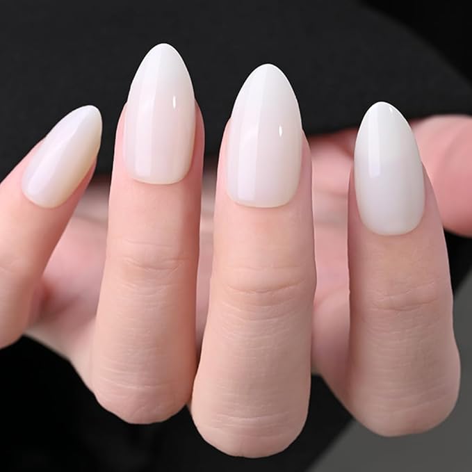 evpct Glossy Press on Nails Short Almond Short for Women, Grey White Fake Nail with Glue Salon Quality Reusable Stick on Nails In 15 Sizes 30Pcs Full Cover False Nail Soft Gel Set Kit for Gift, 13