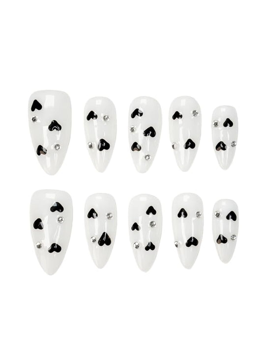 White Press On Nails Black Heart & Rhinestone Design- Handmade Medium Almond Gel Acrylic 10pcs Reusable (Night Sweetheart, Size M)