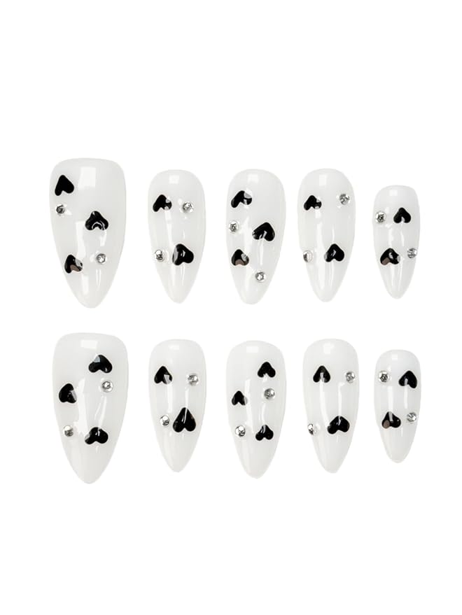 White Press On Nails Black Heart & Rhinestone Design- Handmade Medium Almond Gel Acrylic 10pcs Reusable (Night Sweetheart, Size S)