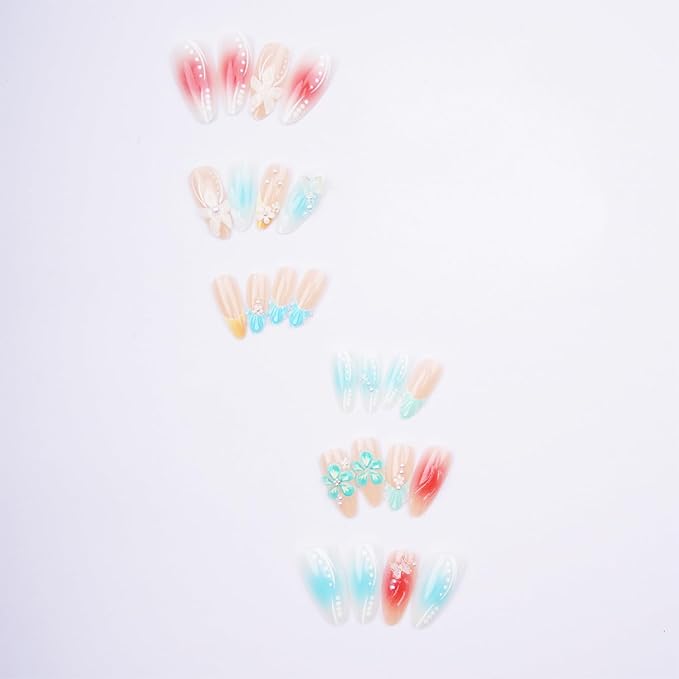 24pcs Summer Press on Nails Medium Almond Fake Nails with 3D Flower Butterfly Designs Pearl Glue on Nails French Tip False Nails Kit Gradient Full Cover Acrylic Nails Stick on Nails for Women