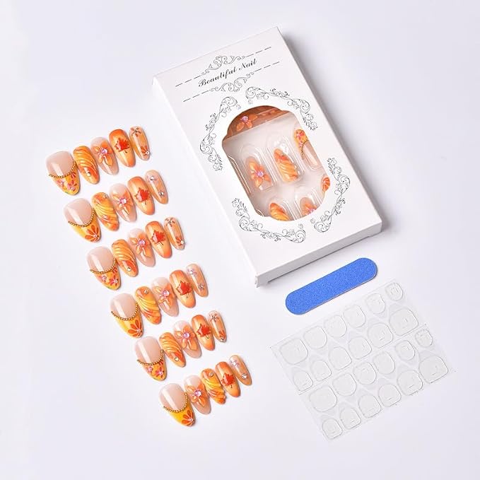 Fall Press on Nails Long Almond Fake Nails with Floral Diamante Gradient Design Stick on Nail for Women 24pcs