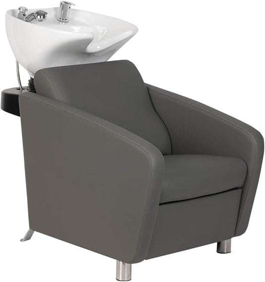 Buy-Rite Shelby Backwash Unit - Professional Salon Shampoo Chair with Deep Tilting White Porcelain Bowl, Dual Function Nozzle, Extra Wide Seat & Lumbar Support - Grey, YLG-556-GRAY