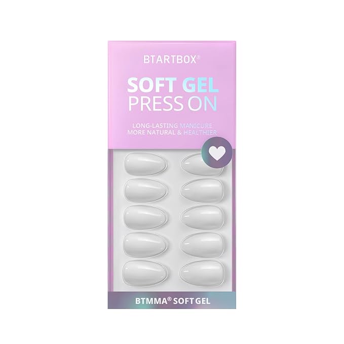 BTArtbox White Press On Nails Short - Soft Gel Press on Nails Almond, White Glue on Nails with Nail Glue, Reusable Stick on Nails in 16 Sizes, Cream Puff
