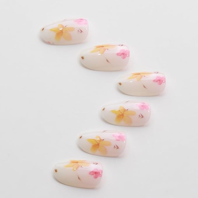 24Pcs Flower Press on Nails Medium Almond Fake Nails with White Pink Flower Fallen Leaves Design Full Cover Artificial Glue on Nails Cute False Nails Spring Stick on Nails Nude Nail Supplies for Women