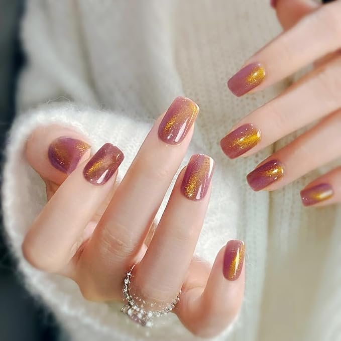 Cat Eye Purple Pink Press On Nails Short Square, Designer Reusable Acrylic Fake Nails with Glue, Glossy Soft Gel Nails Wedding and Party, Stick On Glue On Nails, Nails Press Ons fro Women