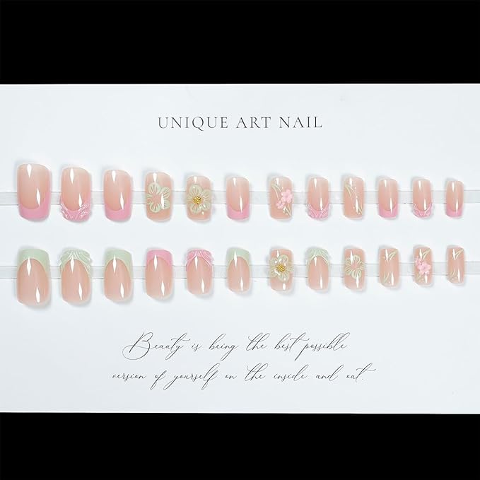 Pink French Tips Press on Nails Short Square Spring Fake Nails with 3D Flower Design Full Cover Glue on Nails Flowers Acrylic Nail Tips Kit Glossy Artificial Nails for Women Summer Nails Decor 24Pcs