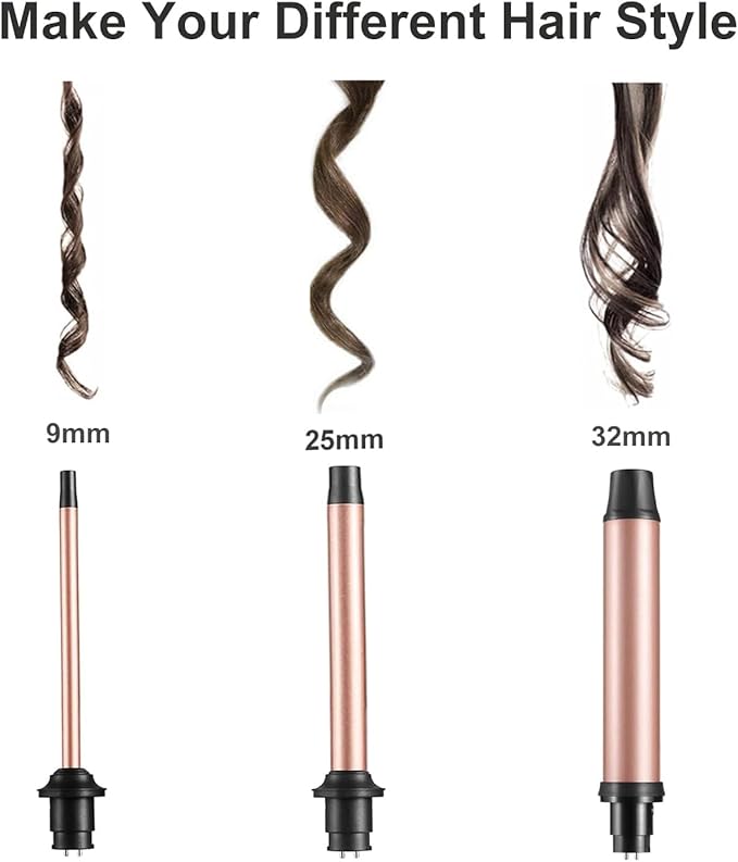 3 in 1 Curling Iron Set, Hair Curling Wand Set with 3 Interchangeable Ceramic Curling Barrel(0.35”-1.25”), Instant Heat Up, Dual Voltage Hair Curler Beach Waves, Include Glove