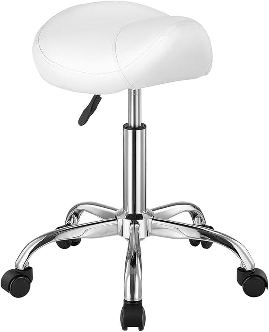 VEVOR Saddle Stool with Wheels, 450 LBS Weight Capacity Ergonomic Rolling Stool, Height Adjustable Thickened PU Leather Swivel Saddle Chair for Salon, Spa, Massage, Tattoo, Clinic, White