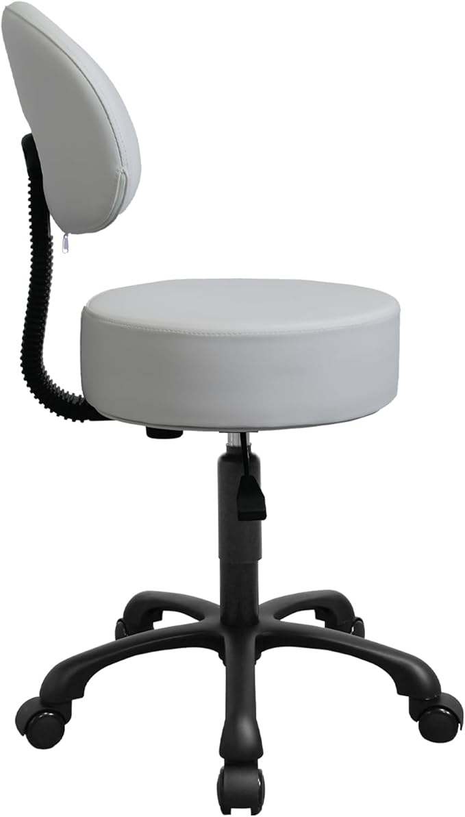 Black Lift Swivel Rolling Stool Round Chair,Thick Sturdy Padding,Adjustable Stool with Wheels for Doctor,Medical,Massage Salon,Office,Shop(with Back, White)