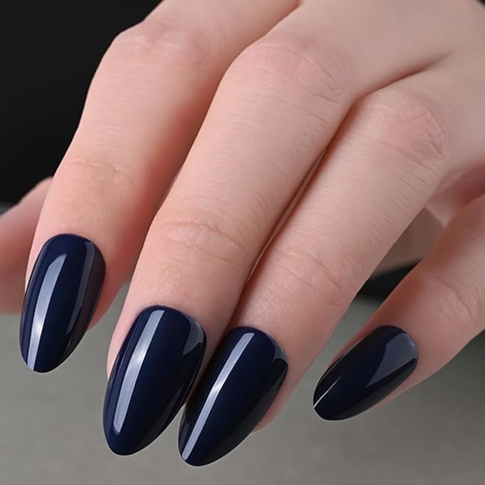 evpct Glossy Press on Nails Short Almond Short for Women, Dark Blue Fake Nail with Glue Salon Quality Reusable Stick on Nails In 15 Sizes 30Pcs Full Cover False Nail Soft Gel Set Kit for Gift, 26