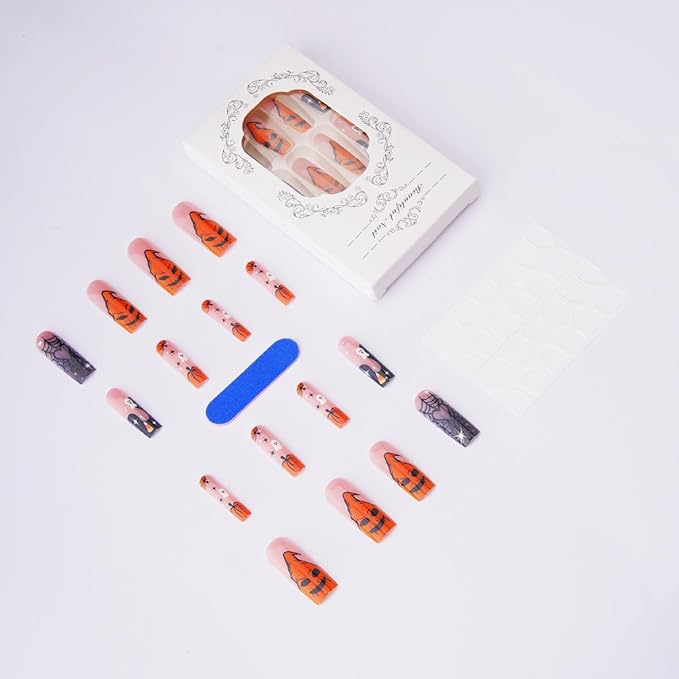 24Pcs Halloween Press on Nails Long Square French Tip Fake Nails Orange Pumpkin with Black Spider Web Monster Goth Design Cute Ghost False Nails Glossy Stick on Nails for Women Acrylic Holiday DIY